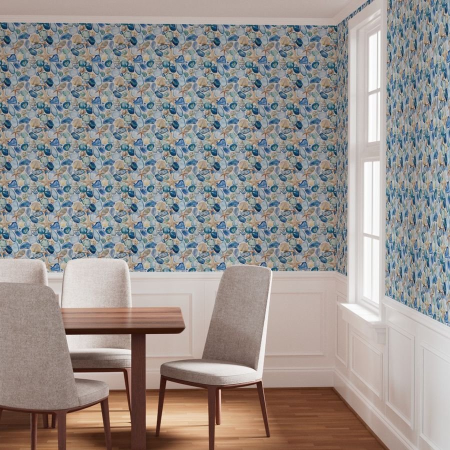 Blue and Sand Seashells and Shards of Tumbled and Scattered Wallpaper watercolor beach wallpaper