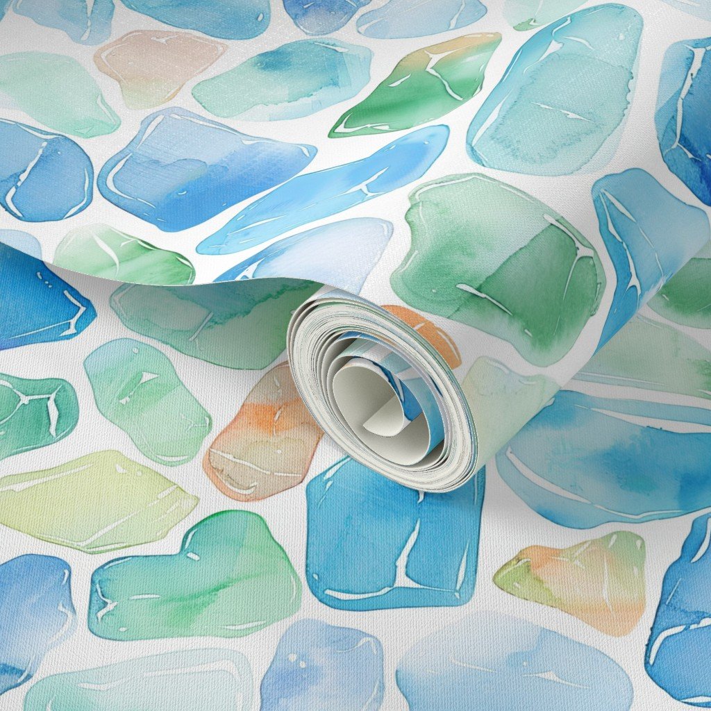Blue and Green Shards of Tumbled and Scattered Watercolor Seaglass Wallpaper watercolor pattern wallpaper