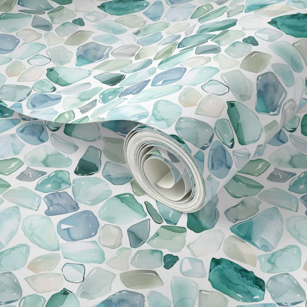 Small Blue and Aqua Shards of Tumbled and Scattered Watercolor Wallpaper sea glass wallpaper