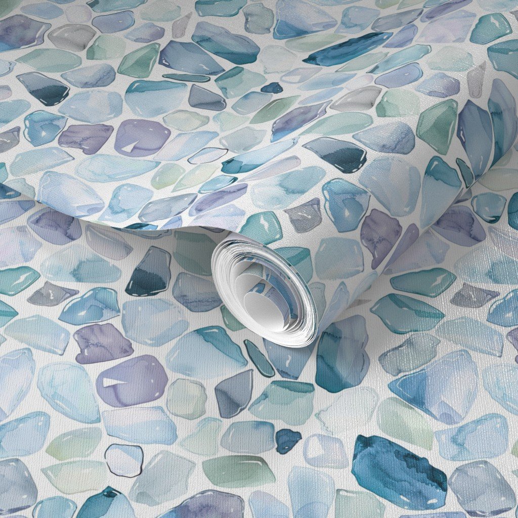 Small Blue and Lilac Shards of Tumbled and Scattered Watercolor Wallpaper organic shapes wallpaper
