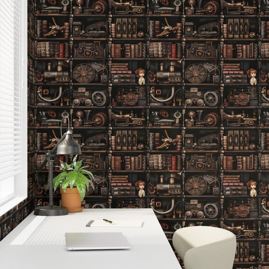 Steampunk Vintage Bookcase Gears Pipes and Antique Treasures Wallpaper industrial charm wallpaper