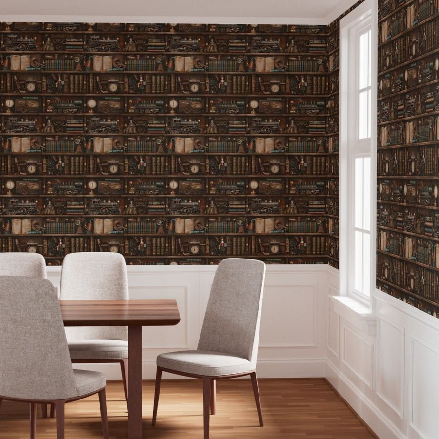 Vintage Steampunk Bookcase with Antique Trains and Books Wallpaper scientific instrumen wallpaper