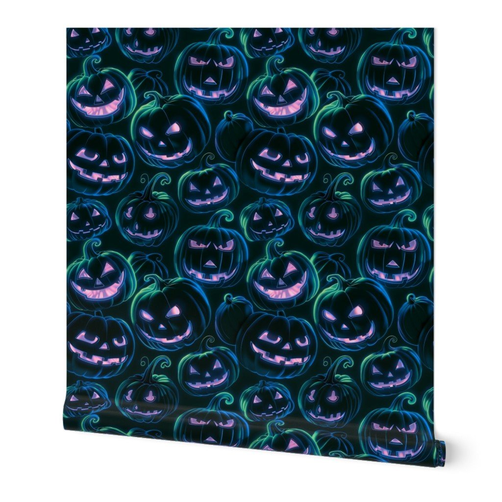 Neon Blue and Pink Halloween Pumpkins Glowing in the Dark Wallpaper neon blue wallpaper