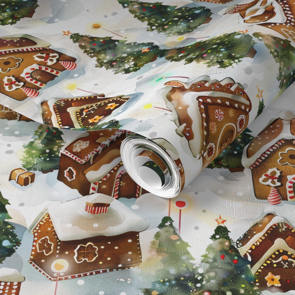 Watercolor Gingerbread Village in Winter Wonderland with Decorated Wallpaper decoration wallpaper