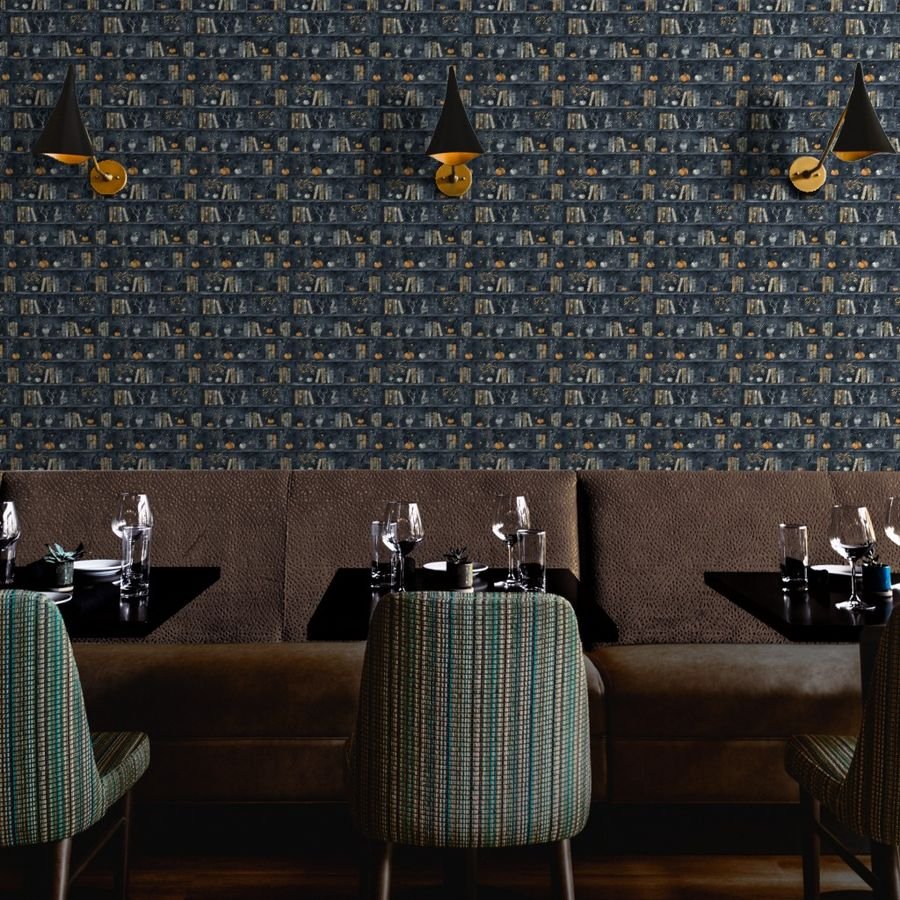 Dark Blue Halloween Pumpkins and Vases on Vintage Bookcase Wallpaper bookcase wallpaper