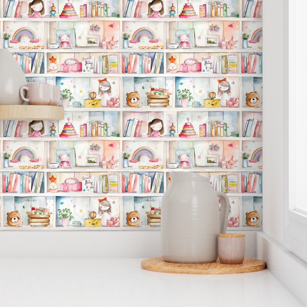 Pastel Bookcase with Girl