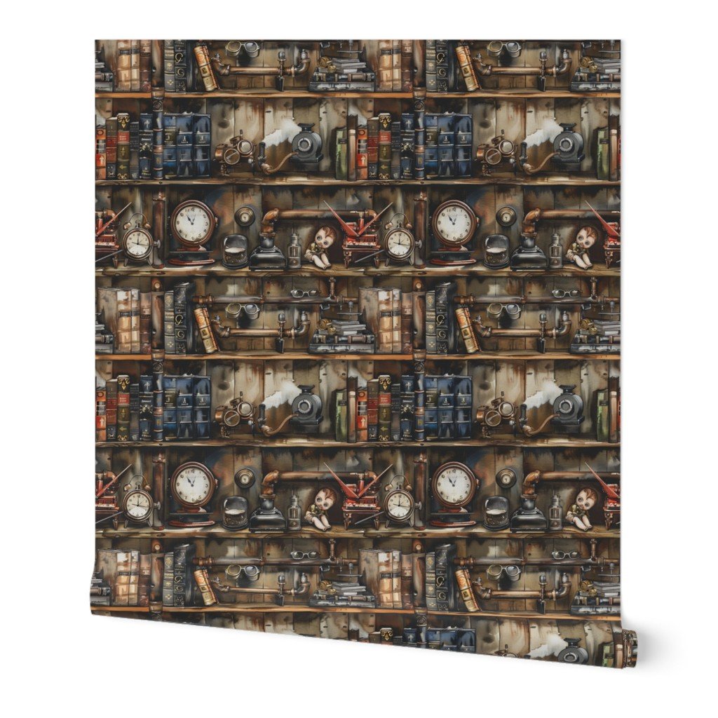 Vintage Steampunk Bookcase with Pipes Hoses and Gears in Watercolor Wallpaper books wallpaper