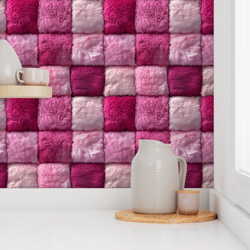 Large Hot Pink and Blush Faux Fur Patchwork Fabric - Luxurious Plush Wallpaper hot pink wallpaper