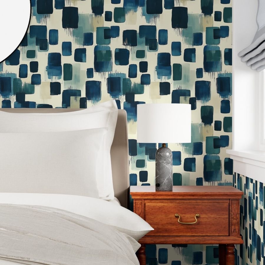 Large Abstract Brushstroke City Blocks in Deep Blue and Teal Wallpaper deep blue wallpaper