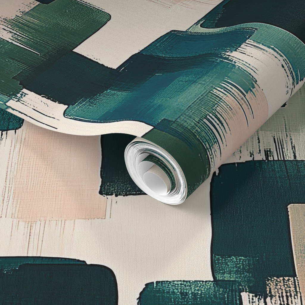 Large Abstract Earthy Brushstroke Blocks in Teal and Soft Peach Wallpaper abstract wallpaper