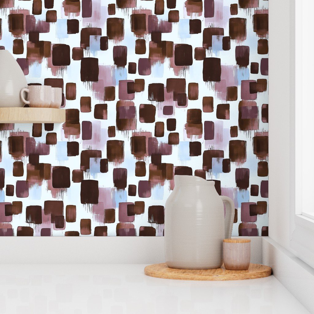 Abstract Brushstroke Blocks in Brown Rosewood and Sky Blue Wallpaper abstract wallpaper