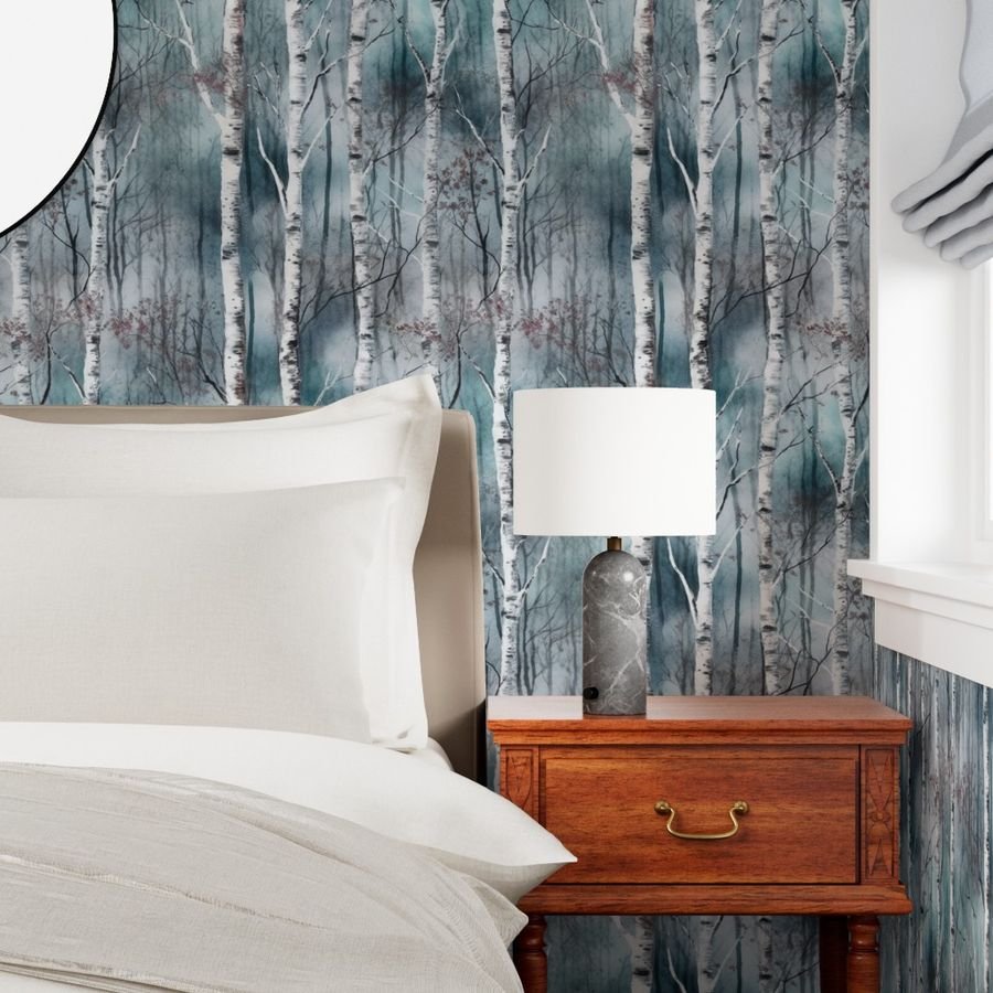 Endless Silver Birch Tree Dreamscape in Misty Teal and Soft Red Wallpaper calming wallpaper