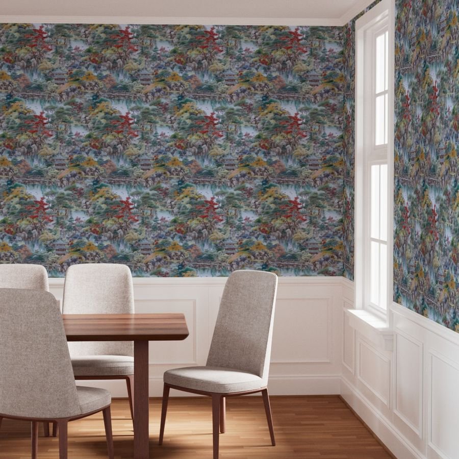 Japanese Autumn Water Garden Watercolor with Temples in Soft Blue and Wallpaper autumn wallpaper