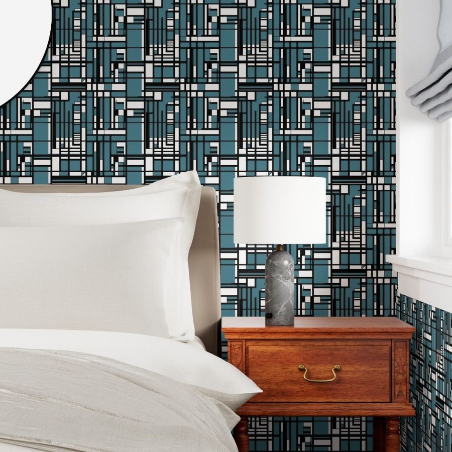Dusty Teal Modernist City Blocks Geometric Pattern Wallpaper linear design wallpaper