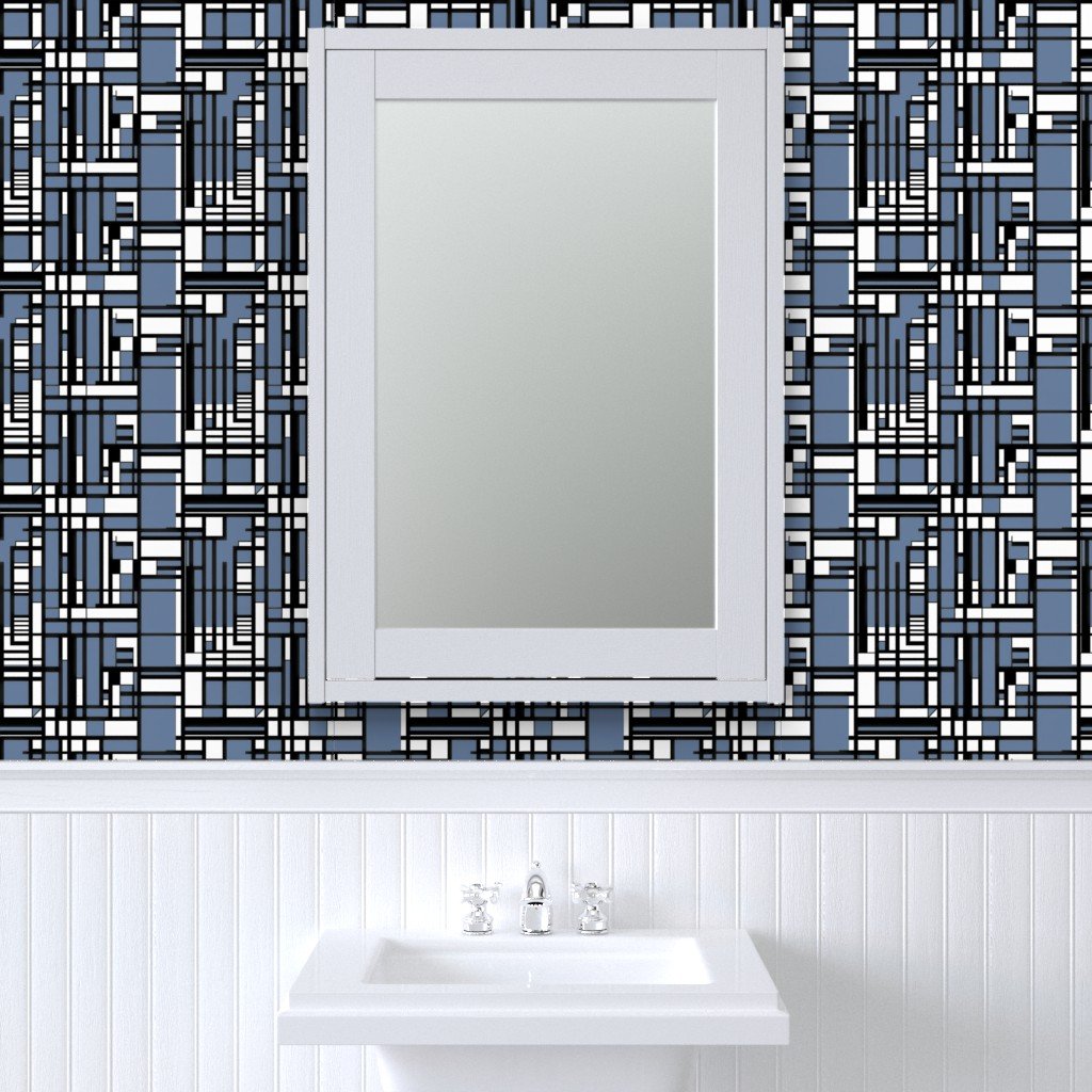 Slate Blue Modernist City Blocks Geometric Pattern Wallpaper slate blue wallpaper