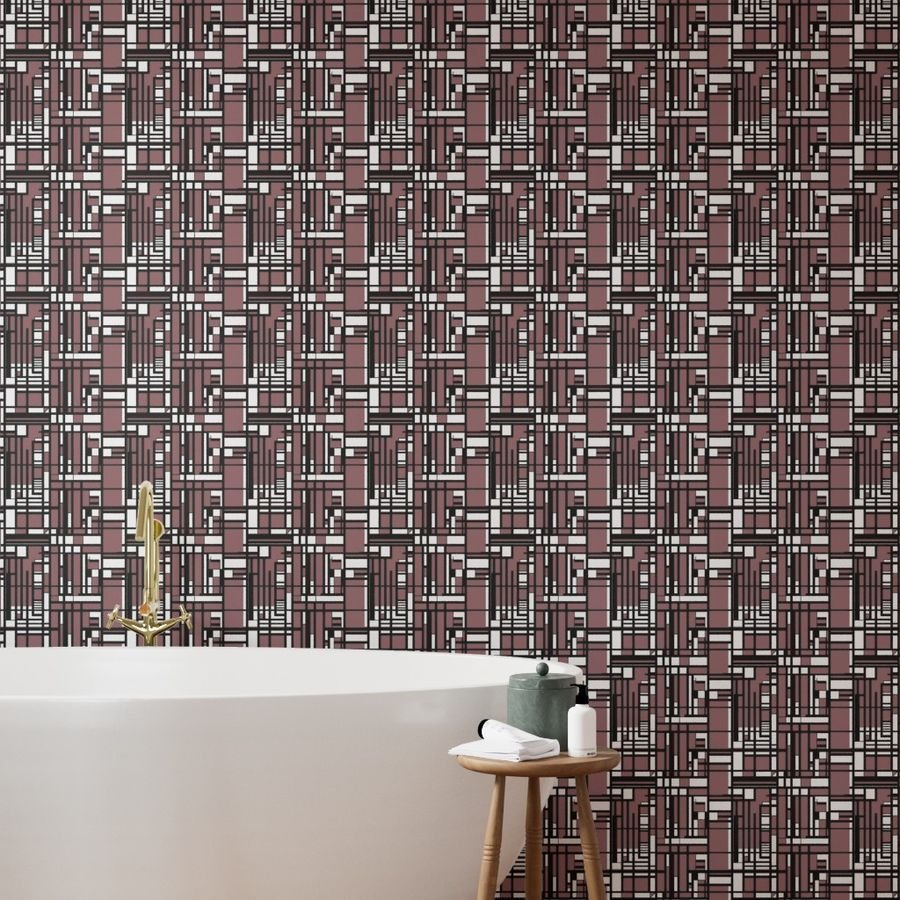 Dusty Rose Modernist City Blocks Geometric Pattern Wallpaper linear design wallpaper