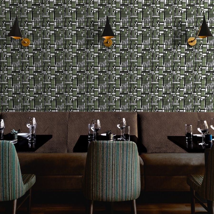 Sage Green Modernist City Blocks Geometric Pattern Wallpaper sage green wallpaper