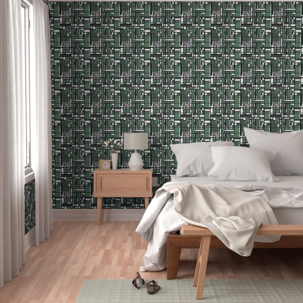 Eucalyptus Green Modernist City Blocks Geometric Pattern Wallpaper modern grid wallpaper