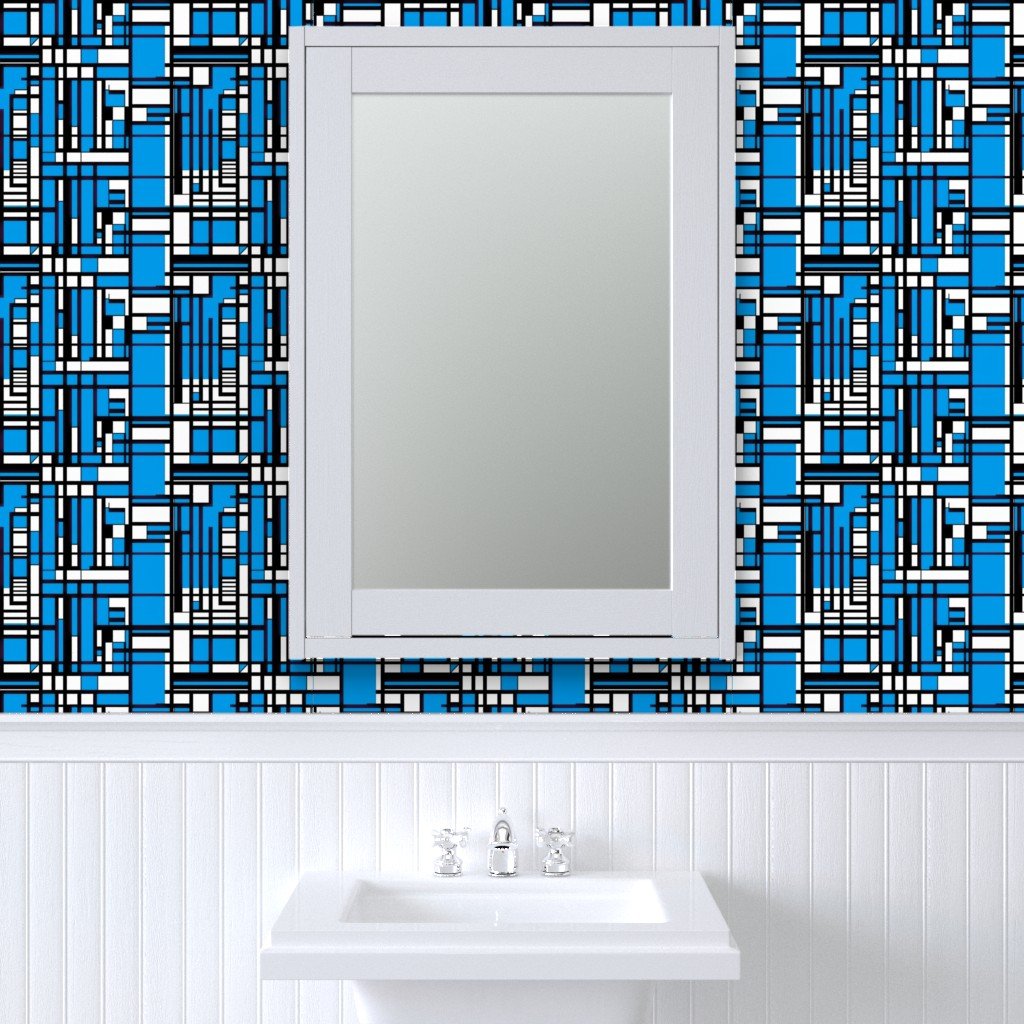 Cyan Blue Modernist City Blocks Geometric Pattern Wallpaper linear design wallpaper