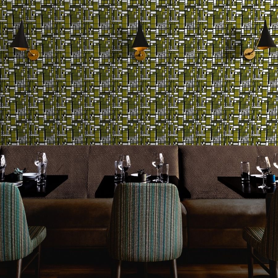 Olive Green Modernist City Blocks Geometric Pattern Wallpaper olive geometric wallpaper