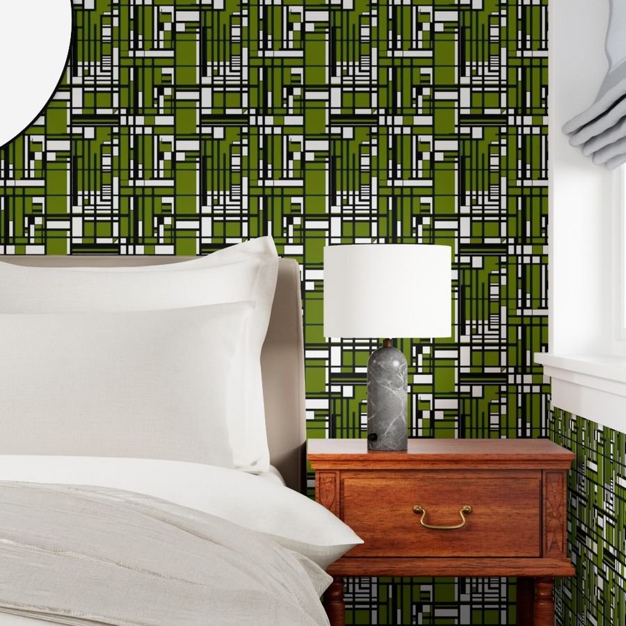 Moss Green Modernist City Blocks Geometric Pattern Wallpaper moss green wallpaper