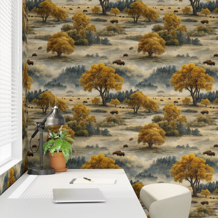 Yellowstone National Park Autumn Watercolor Bison Landscape Wallpaper cottonwoods wallpaper