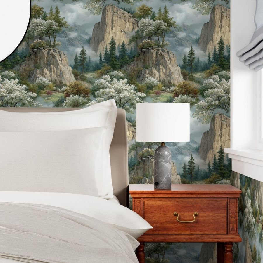 Yosemite National Park Spring Watercolor Granite Cliff Landscape Wallpaper dogwoods wallpaper