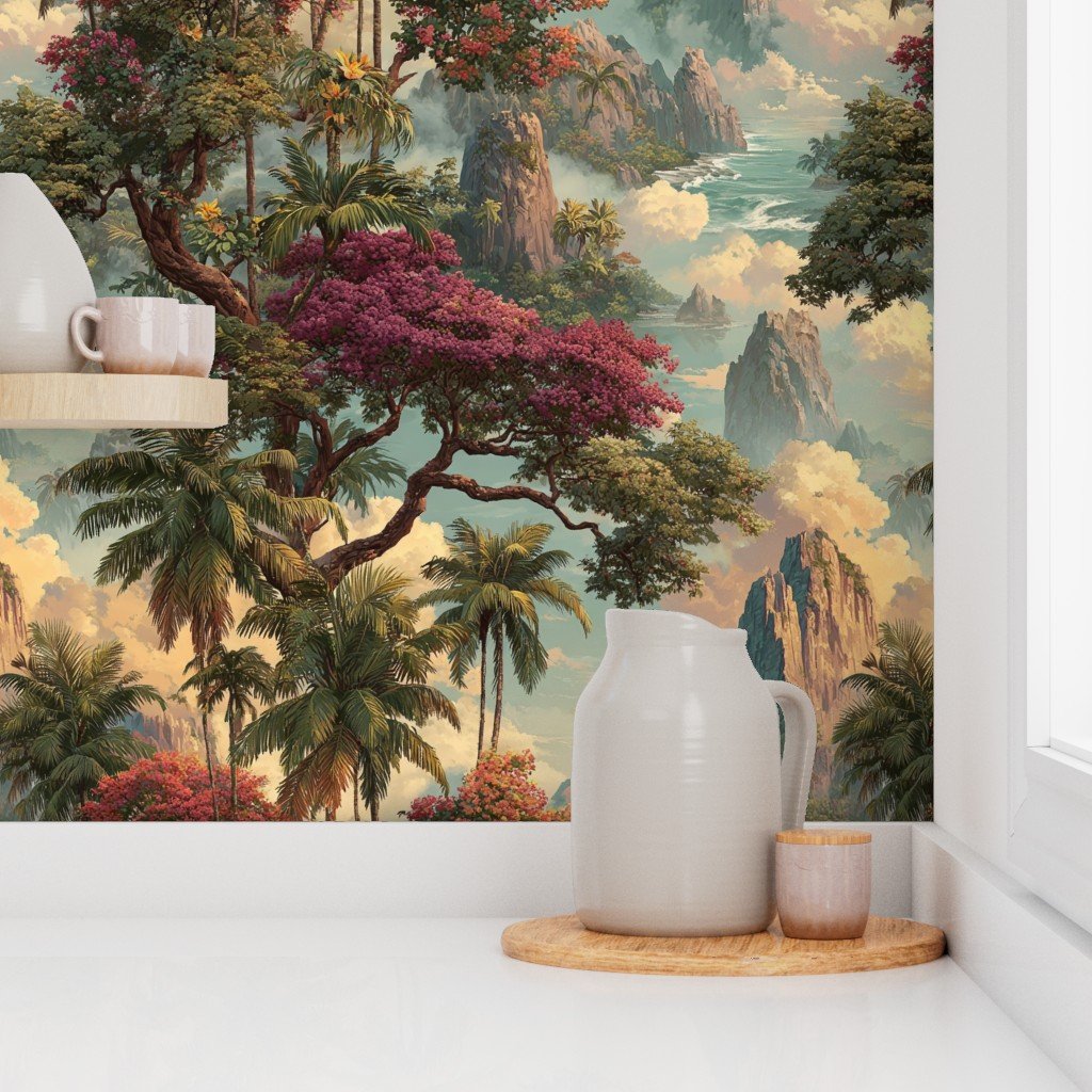 Vintage Hawaiian Watercolor Landscape with Misty Mountains and Palms Decor Collection Home Styling Collection coastal wallpaper