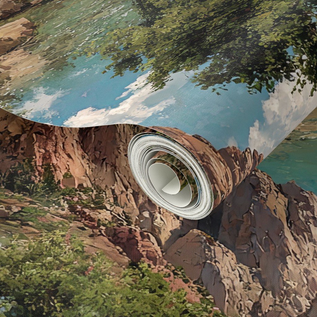 Spring Panorama of Zion Canyon Watercolor Landscape Wallpaper cliffs wallpaper