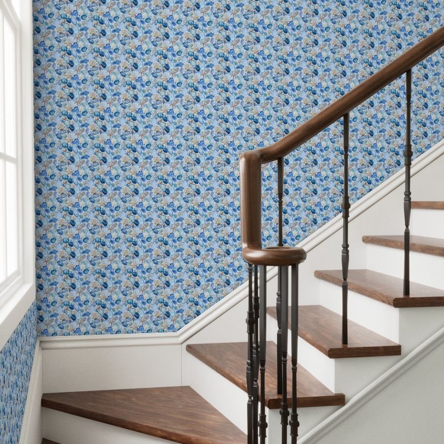 Watercolor Sea Glass Shells and Starfish Coastal Pattern in Seafoam Wallpaper sea glass wallpaper