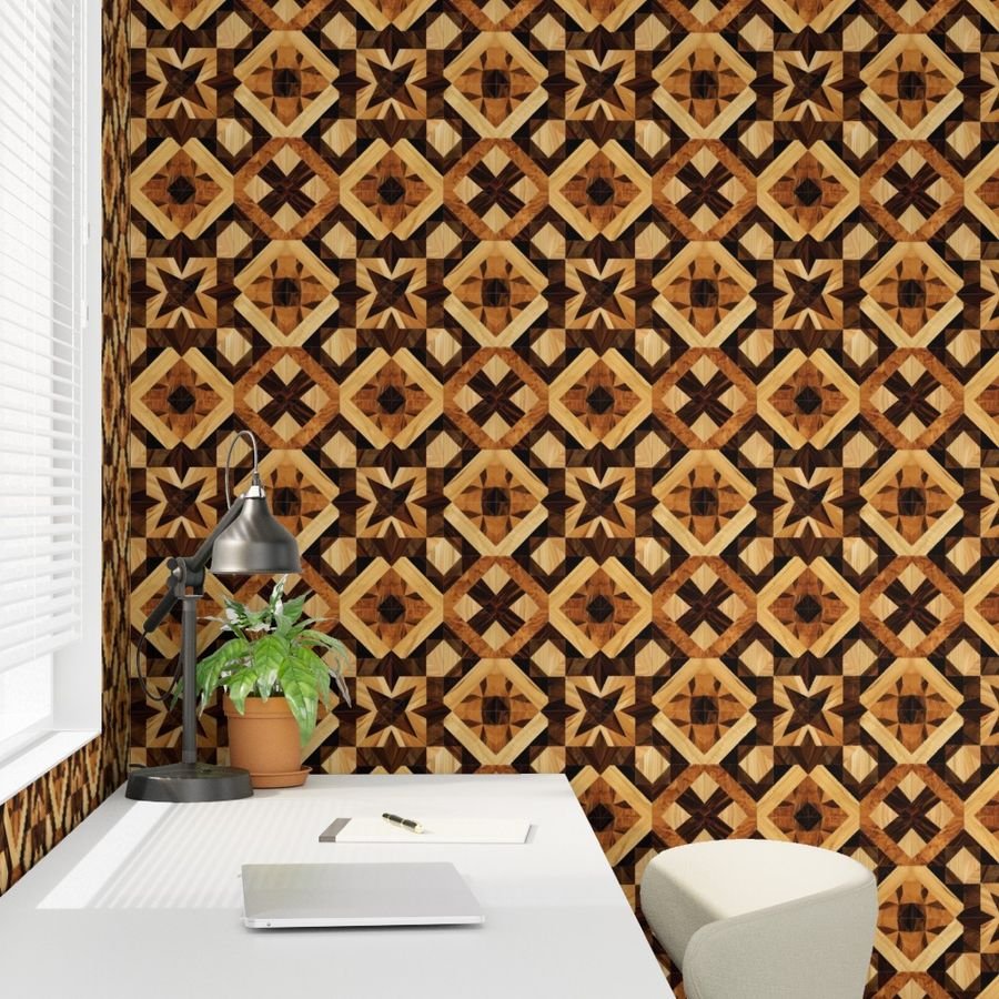 Geometric Marquetry Wood Inlay Pattern in Warm Natural Tones Wallpaper wood inlay wallpaper