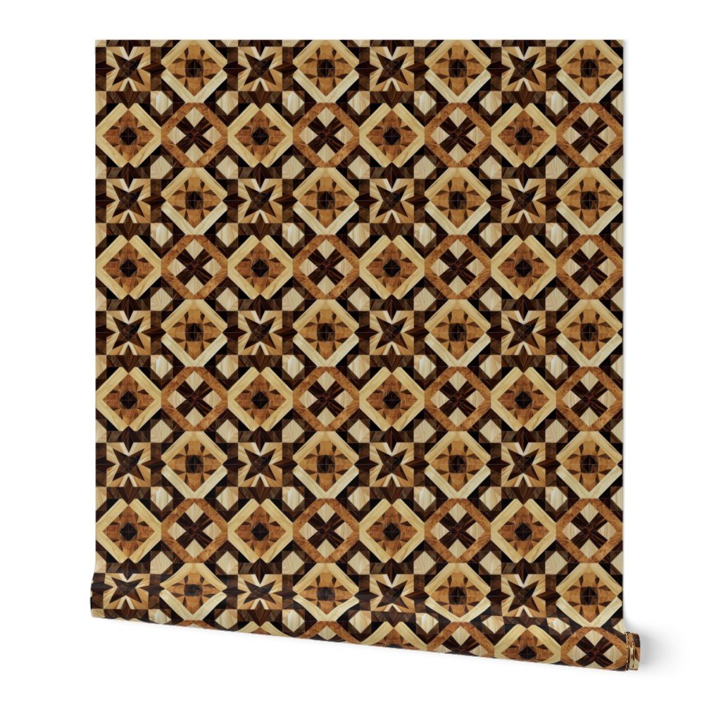 Small Geometric Marquetry Wood Inlay Pattern in Rich Dark Wood Tones Wallpaper wood inlay wallpaper
