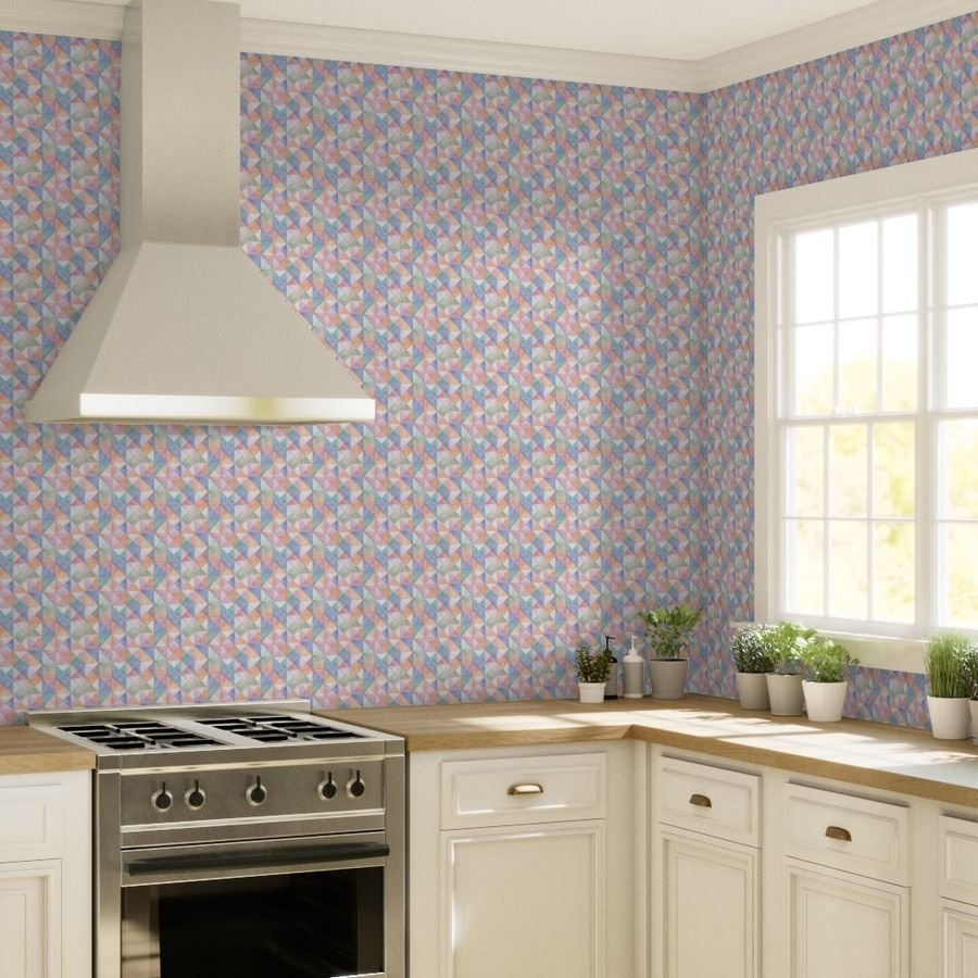 Soft Watercolor Quilted Patchwork Triangles in Peach Lavender and Wallpaper fabric design wallpaper