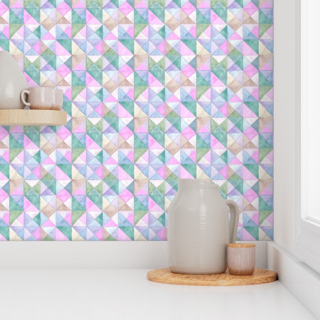 Soft Watercolor Quilted Patchwork Triangles in Pink Mint and Sage Wallpaper fabric design wallpaper