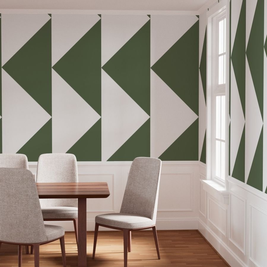 Bold Olive and White Oversized Geometric Triangle Wallpaper architectural wallpaper
