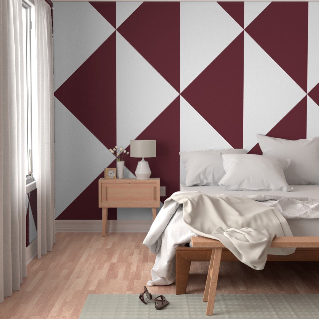 Bold Deep Burgundy and White Oversized Geometric Diamond Wallpaper lifestyle view