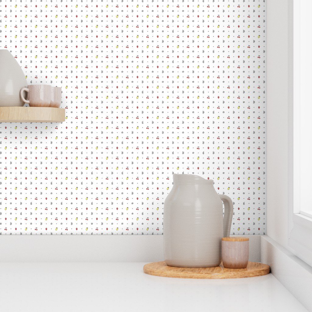Minimal Fruit Doodle Pattern With Strawberries Lemons And Cherries Wallpaper colorful wallpaper