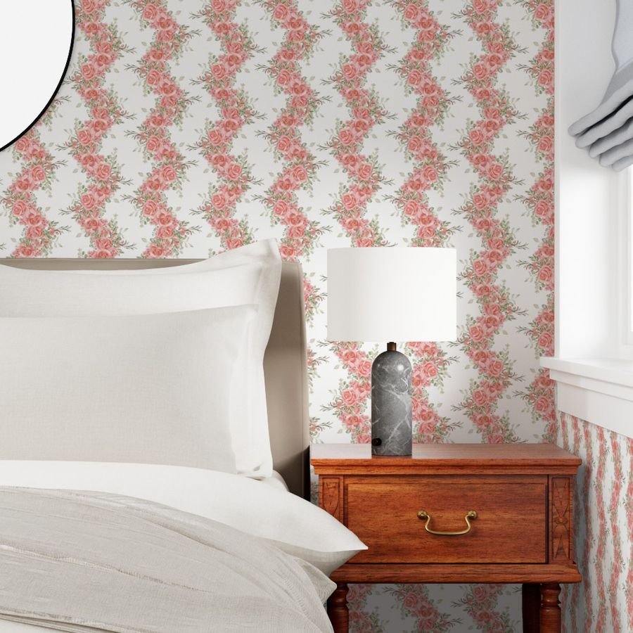 Vintage English Garden Watercolor Coral Pink Rose Stripe Pattern on Wh Wallpaper coral wallpaper