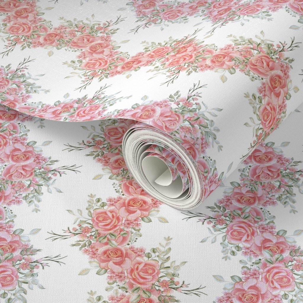 Vintage English Garden Small Two Tone Pink Rose Stripe Pattern on Whit W Wallpaper bridal wallpaper