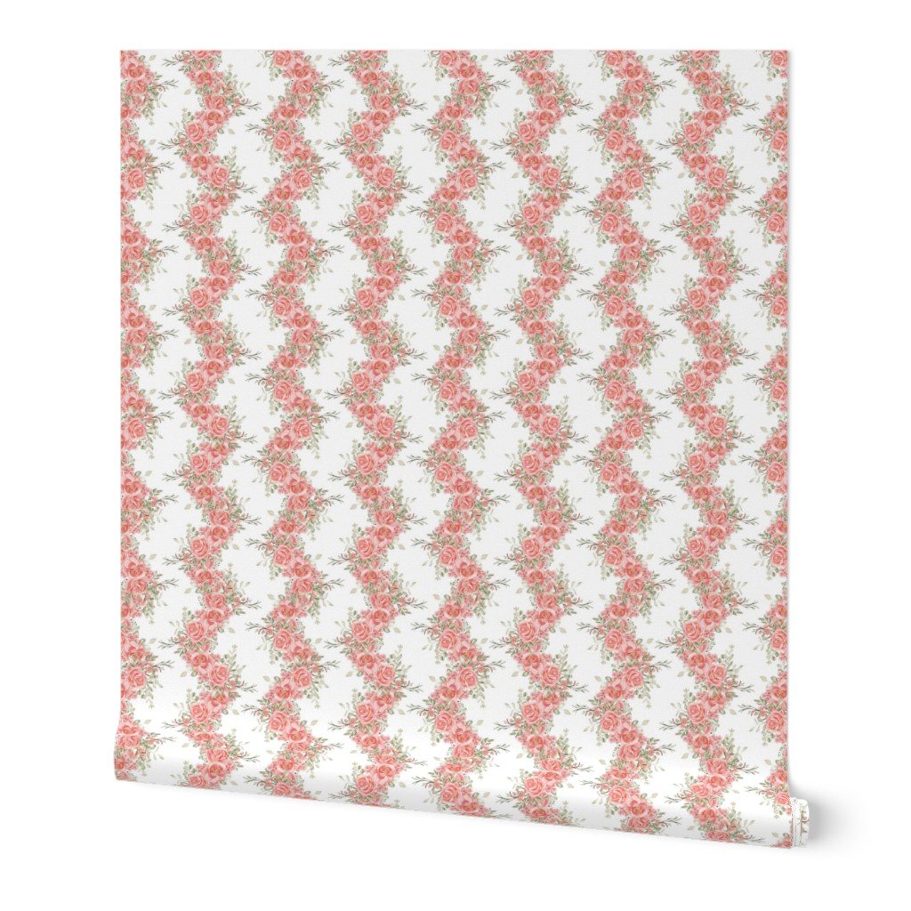 Vintage English Garden Small Coral Pink Rose Stripe Pattern on White Wallpaper bridal wallpaper