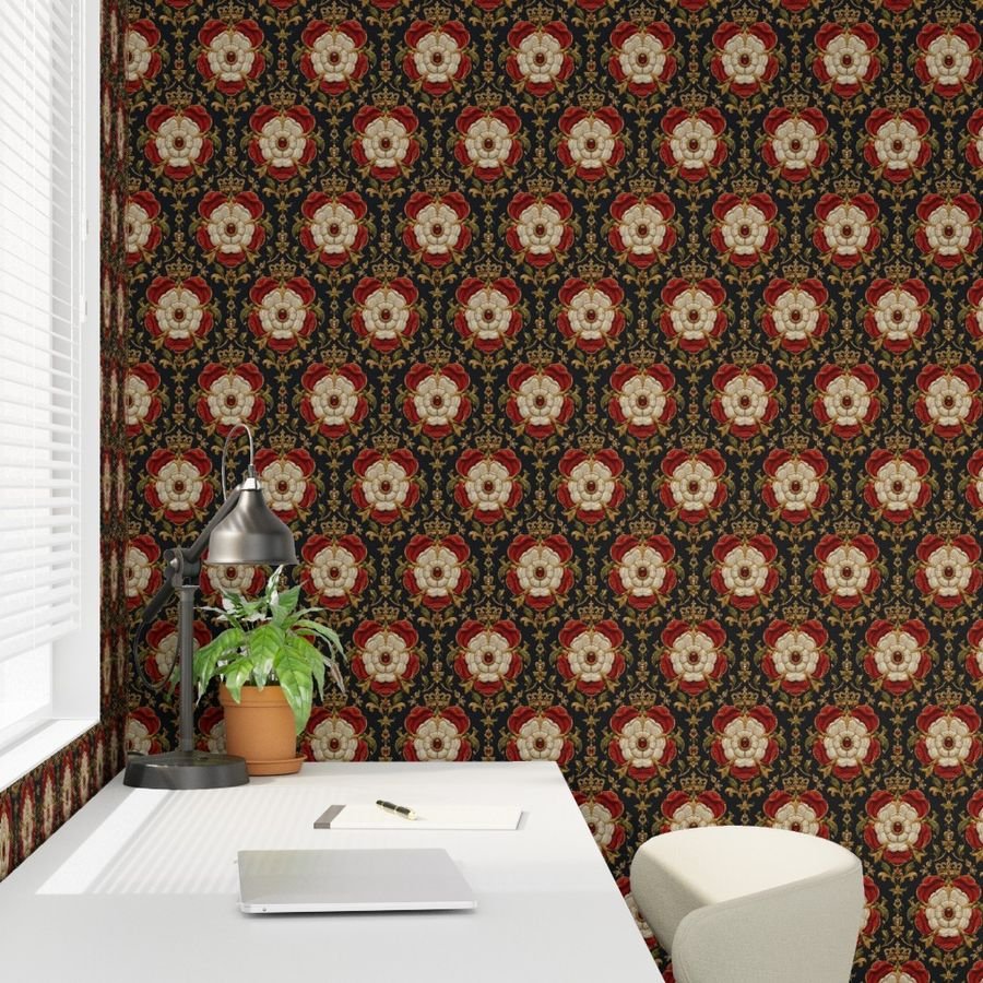 Large Royal Tudor Rose Crown Damask on Midnight Black Wallpaper large scale wallpaper