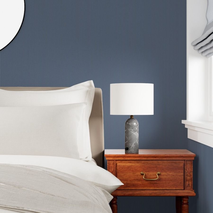 Classic White Pinstripe on Slate Blue Office Stripe Pattern Wallpaper blue and white wallpaper