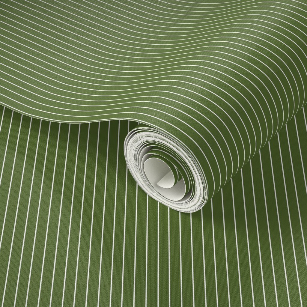 Classic White Pinstripe on Olive Green Office Stripe Pattern Wallpaper green and white wallpaper