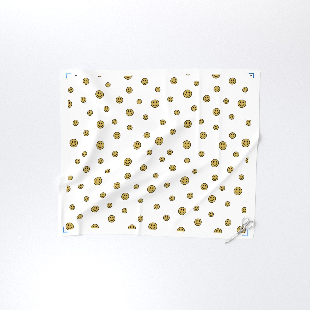 Retro Yellow Smiley Faces on White Fabric kids room fabric