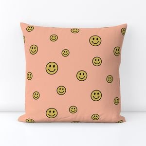 Retro Yellow Smiley Faces on Peach Interior Collection Decor Collection smiley face throw pillow design