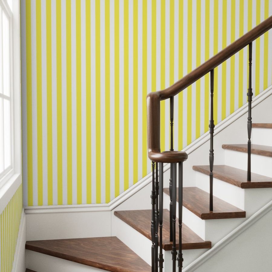 Lemon Yellow 2 inch Wide Cabana Stripes Wallpaper wide lemon stripe wallpaper