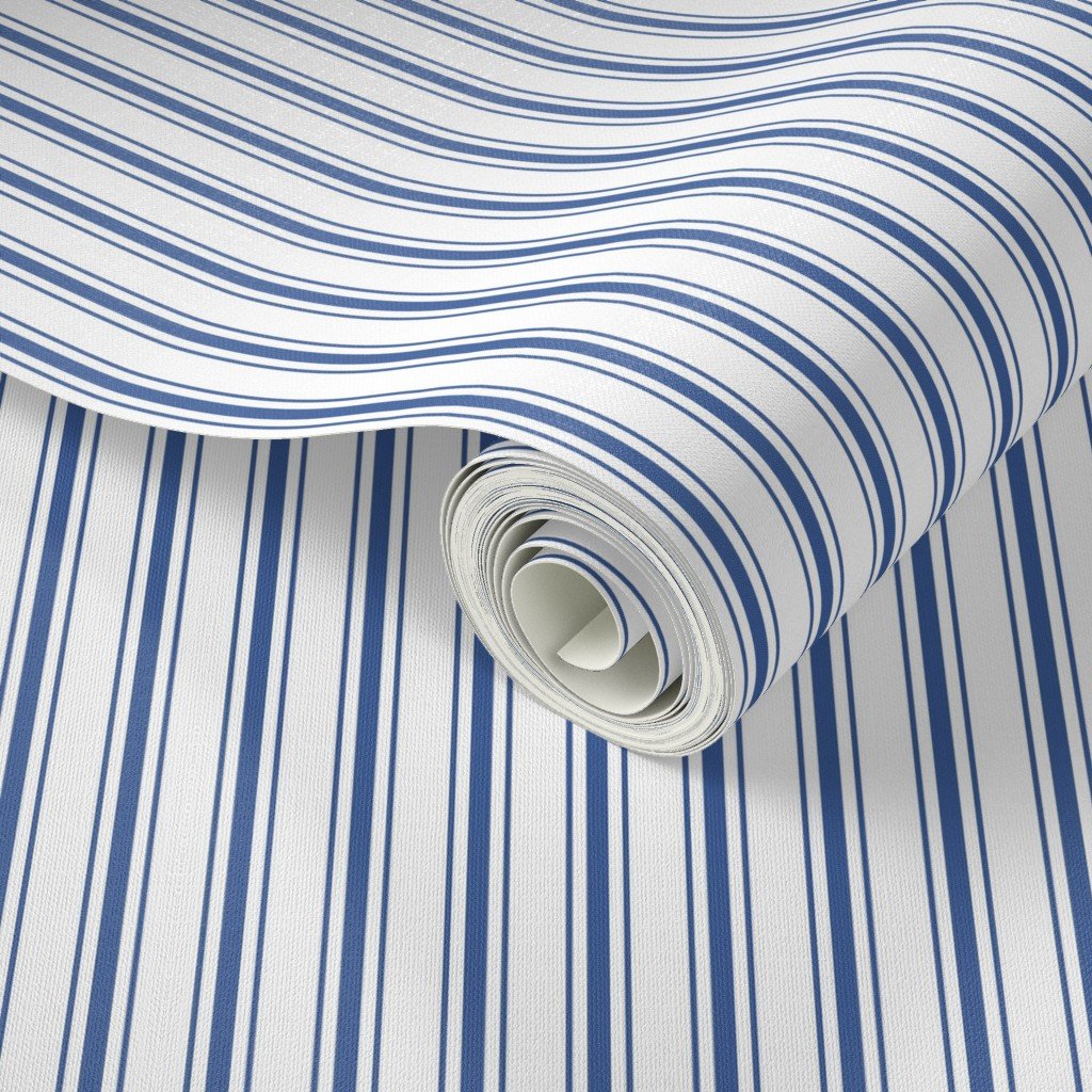 Mattress Ticking Narrow Striped Pattern in Dark Blue and White Wallpaper mattress ticking wallpaper