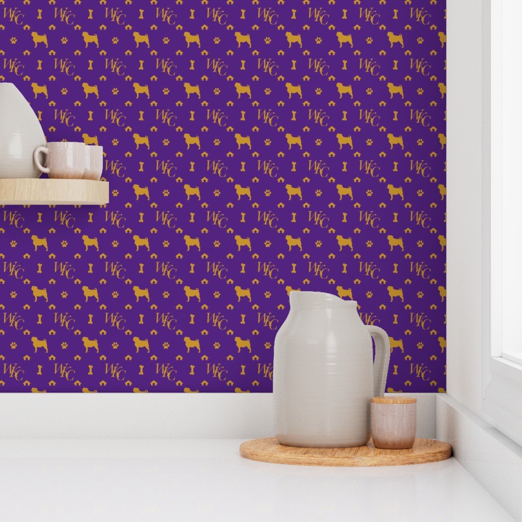 WKC Pugs on Purple and Gold Wallpaper purple and gold wallpaper