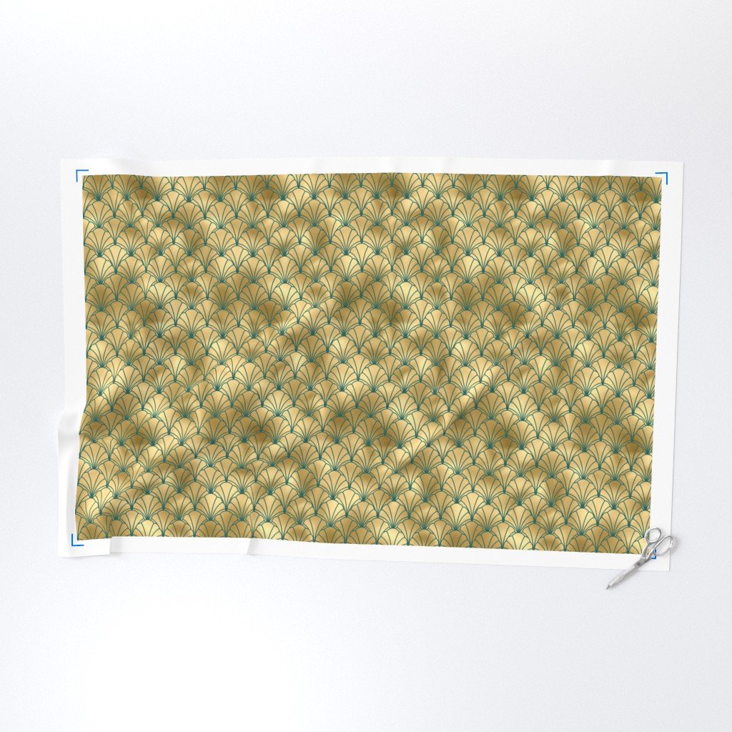 Teal and Faux Gold Foil Vintage Art Deco Scallop Shell Pattern Fabric gold foil fabric