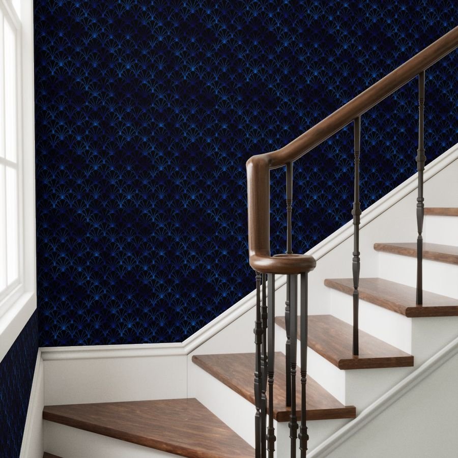 Scallop Shells in Black and Classic Blue Art Deco Vintage Faux Foil Wallpaper black and blue wallpaper